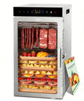 Dry Down Your Garden Harvest In Style With This Top Shelf 18 Tray Food Dehydrator featuring stacked fruits and jerky hanging inside.