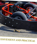 Off Road Ball Joint Kit For ATVs And Go Karts on asphalt near a parked go-kart with black guard and red frame, showcasing heavy duty parts.