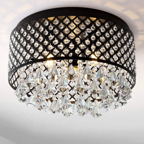 Three Light LED Flush Mount Ceiling Light With Dimmable Metal Trellis And Crystal Drops Modern Glam Chandelier For Bedroom Living Room Hallway Energy Saving LEDs Included, black metal trellis with crystal drops