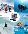 GoPro Hero 4K Waterproof Case Underwater Housing 196 Ft 60 M with Mount, shown with skiing, diving, surfing, swimming activities