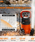 Go-To 1/3 HP Submersible Utility Pump With Auto Water Sensor and 2790 GPH High Flow, Portable Sump Drain for Flooded Basements, Yards, Hot Tubs, Ponds and Garden Draining, Dual Auto and Manual Modes. Black and orange submersible pump in water with 2790 GPH and 26 ft head