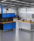 72 Inch Stainless Steel Tool Cabinet Set With Three Upper Cabinets And Fifteen Drawers Plus 72 Inch Blue Tool Box Mobile Workbench Lockable Storage Wheels For Garage Socket Outlet Rolling Two Pack in a garage setting.
