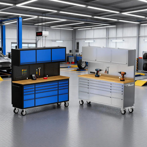 72 Inch Stainless Steel Tool Cabinet Set With Three Upper Cabinets And Fifteen Drawers Plus 72 Inch Blue Tool Box Mobile Workbench Lockable Storage Wheels For Garage Socket Outlet Rolling Two Pack in a garage setting.