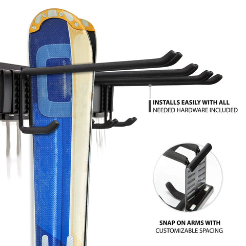 Heavy Duty Ski Wall Rack For Home And Garage Storage Holds Four Pairs Of Skis With Poles Or Any Snowboards Pro Adjustable Rubber Coated Hooks Badass Winter Sports Organizer
