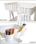 Rolling 3 Tier Storage Cart With Mobility And 3 ABS Baskets, Built To Last Powder Coated Steel Frame, 40 L Each, On Wheels, Perfect For Kitchen Office Toys And More, White Finish with hooks and cups for organization.