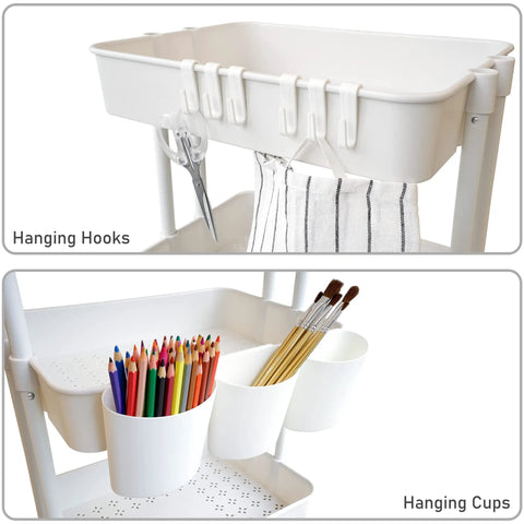 Rolling 3 Tier Storage Cart With Mobility And 3 ABS Baskets, Built To Last Powder Coated Steel Frame, 40 L Each, On Wheels, Perfect For Kitchen Office Toys And More, White Finish with hooks and cups for organization.