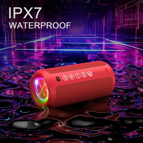 Red 24W Bluetooth Speaker with Deep Bass and Dual Pairing, IPX7 Waterproof, LED Lights, in futuristic setting