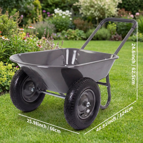 Heavy Duty Garden Wheelbarrow Cart With Dual Wheels And Built In Stand in a garden, gray, with dimensions marked