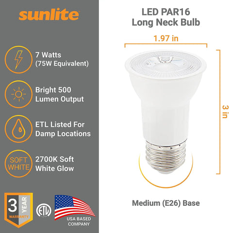 LED PAR16 Long Neck Recessed Spotlight Bulb 7 Watt 75 Watt Halogen Replacement 500 Lumens Dimmable ETL Listed 2700K Soft White