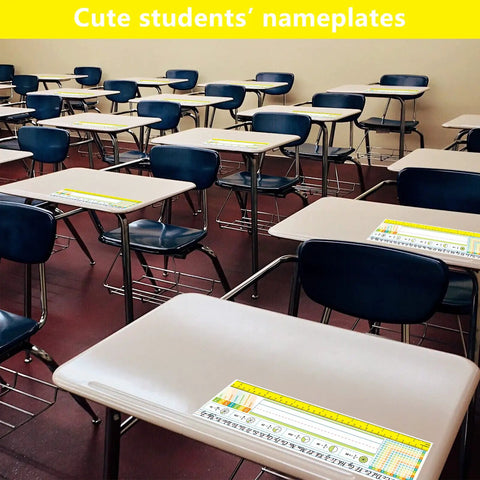 Multiplication Desk Reference Name Plates For Students Kid Friendly Self Adhesive Manuscript Alphabet Tags With Stroke Lines Fractions And Numerals 13.8 By 4 Inches 36 Pack Classroom Desk Labels on desks in classroom