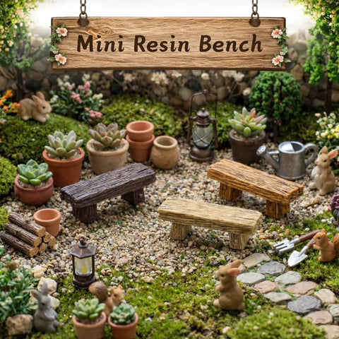 Miniature scene with 18 Pc Dope Mini Resin Bench Set For Fairy Garden Dollhouse Accessories featuring realistic wood grain tiny benches.