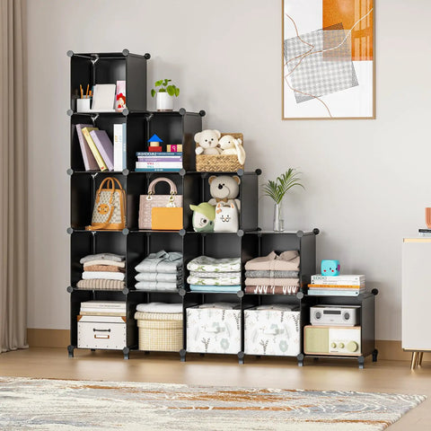 16 Cube Storage Organizer With Cube Shelves For Closet And Playroom, Ideal For Clothes, Toys, Books, And Craft Supplies, Durable Black Storage Unit