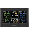 Smart Weather Station With Custom Alerts and Wireless Outdoor Sensor showing temperature, humidity, and color forecast display.