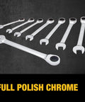 Rugged Tough Box 8 Piece SAE Ratcheting Wrench Set With Full Polish Chrome, 72 Tooth Ratchet displayed on dark background