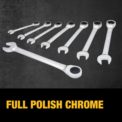Rugged Tough Box 8 Piece SAE Ratcheting Wrench Set With Full Polish Chrome, 72 Tooth Ratchet displayed on dark background