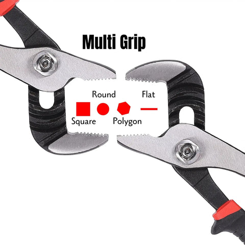 Close-up of 6.5 Inch Slip Joint Pliers with Groove Joint Function showing jaws and grip capabilities for various shapes.