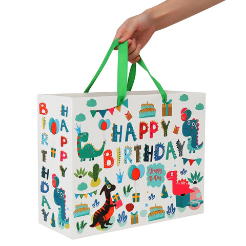 13 Inch White Gift Bag Set With Greeting Card And Tissue Paper, Green Dino Design, Happy Birthday Theme, Large Bags For 1st Or 2nd Birthday Parties, Kids Party Supplies For Boys And Girls.