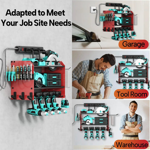 Heavy Duty 3 Layer Power Tool Organizer Wall Mount With Charging Station And 6 Outlet Power Strip Adjustable Metal Storage Rack