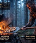 Person using Viking Style Pizza Peel With Cutter Rocker, Heavy Duty Metal Paddle 14x12 Inches, Foldable Wood Handle to remove pizza from stone oven.