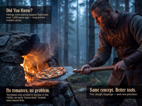 Person using Viking Style Pizza Peel With Cutter Rocker, Heavy Duty Metal Paddle 14x12 Inches, Foldable Wood Handle to remove pizza from stone oven.