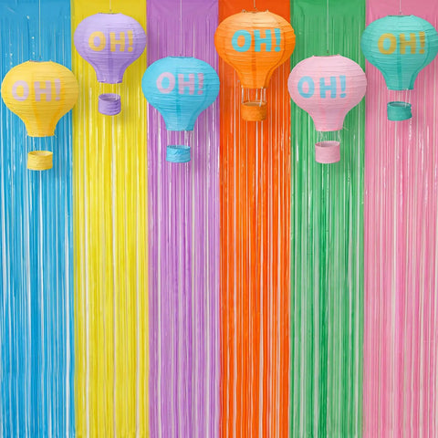 Pastel Grad Party Decorations Kit With 6 Printed Hot Air Balloon Paper Lanterns And 2 Tinsel Foil Fringe Curtains display