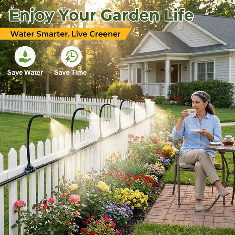 Woman enjoying garden with Fifty Foot Drip Irrigation Kit With 360 Degree Adjustable Brass Misting Nozzles near flowers