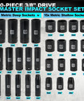 Front view of 50 Piece 3/8 Inch Drive Socket Set With Both SAE And Metric, 6 Point Deep And Shallow Sockets, Heavy Duty CR-V Steel.