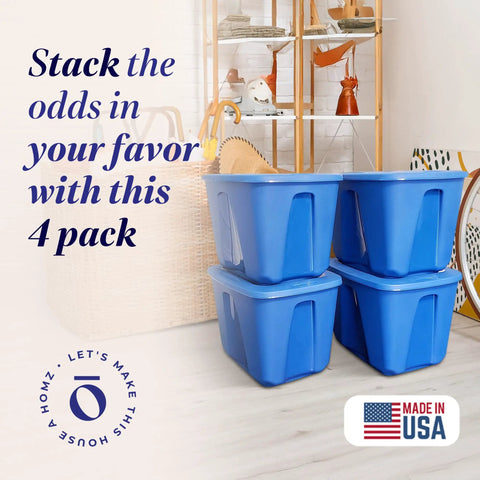 4 Pack 18 Gallon Blue Plastic Storage Bins With Lids stacked in a room, showcasing heavy duty molded stackable totes.