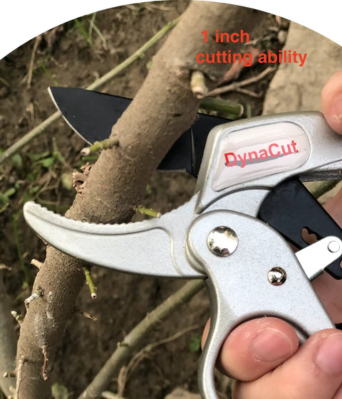 Ratcheting Pruning Shears 8 Inch Heavy Duty Garden Pruner With Anvil Cutter for thick branches, demonstrating cutting ability on branch