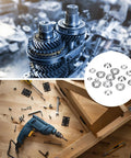 Built Tough Size Eight Countersunk Washers, 100 Pack Nickel Plated Steel Gaskets displayed with tools for assembly.