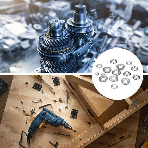 Built Tough Size Eight Countersunk Washers, 100 Pack Nickel Plated Steel Gaskets displayed with tools for assembly.
