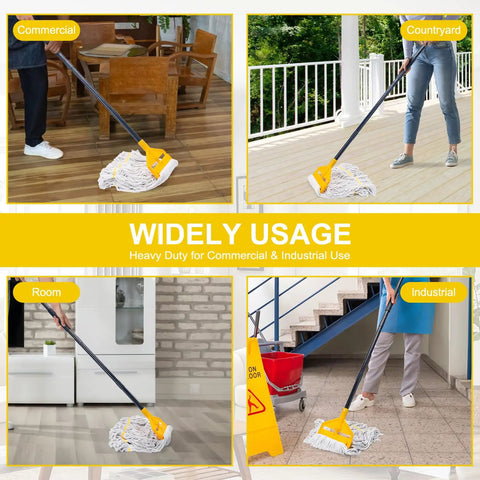 Commercial Heavy Duty Mop Pack Legit Tough On Grime features 60 Inch Long Handle used in room, industrial, and outdoor settings.