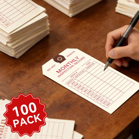 Must-Have Fire Extinguisher Inspection Tags 100 Pack With Wire Ties For Monthly Records And 2 Year Coverage shown on table