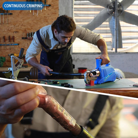 Heavy Hitter 15 Ton Electric Hydraulic Cable Lug Crimping Tool in use, crimping power cable with quick operation.