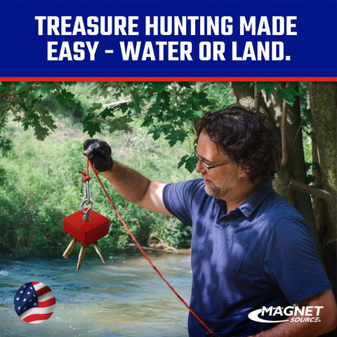 Man using Ceramic Fishing Magnet with Eyebolt for Retrieval, 100 lb pull, by river for treasure hunting on water or land