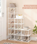 Space Saving Bamboo 7 Tier Shoe Rack Organizer Free Standing Narrow Corner Shelf For Boots And Sneakers For Entryway Closet Garage Mudroom Living Room White displayed in a room corner, holding various shoes and accessories.