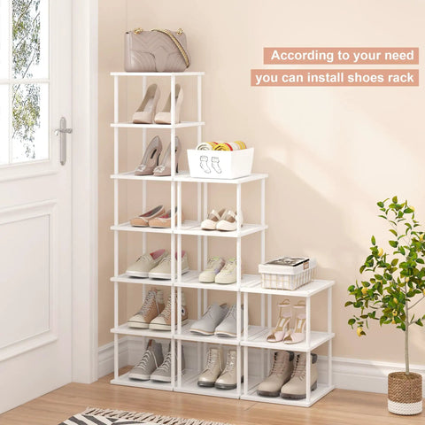 Space Saving Bamboo 7 Tier Shoe Rack Organizer Free Standing Narrow Corner Shelf For Boots And Sneakers For Entryway Closet Garage Mudroom Living Room White displayed in a room corner, holding various shoes and accessories.