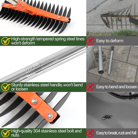 Must Have Thatch Rake For Lawns 18 Sharp Tempered Spring Steel Tines With 62.5 Inch Adjustable Stainless Steel Handle comparison.