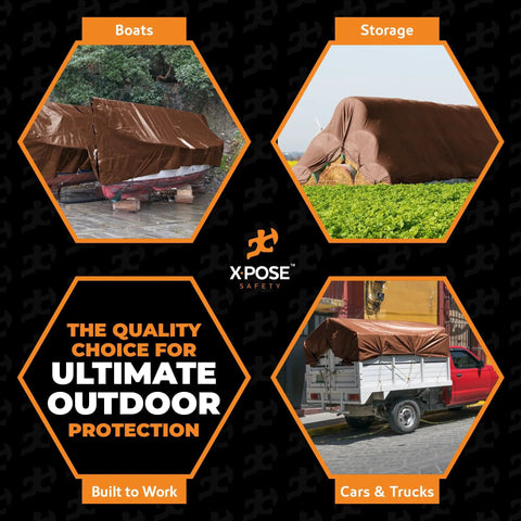 12 Ft By 25 Ft Brown Poly Tarp Cover 16 Mil Beefy Heavy Duty Waterproof Tarpaulin covering boats, storage piles, and a truck.