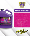 Motorcycle Detailing Kit 5 Piece Set With Saddle Pack, Bike Surface Cleaner, Tire Cleaner, Stain Remover, And Tire Protectant label.