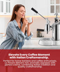 Heavy Hitter 54 Oz Manual Lever Espresso Machine Featuring Chrome And Walnut Finish Curved Portafilter Single Boiler For Barista Grade Brews At Home Made In Italy with a woman enjoying coffee.