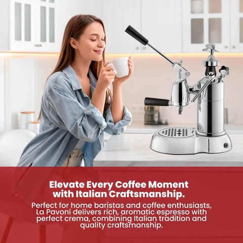 Heavy Hitter 54 Oz Manual Lever Espresso Machine Featuring Chrome And Walnut Finish Curved Portafilter Single Boiler For Barista Grade Brews At Home Made In Italy with a woman enjoying coffee.