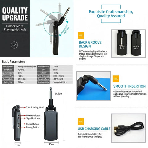 Diagram of 5.8GHz Wireless Guitar System with Ultra Low Latency for Live Gigs, showcasing design features and USB charging cable.