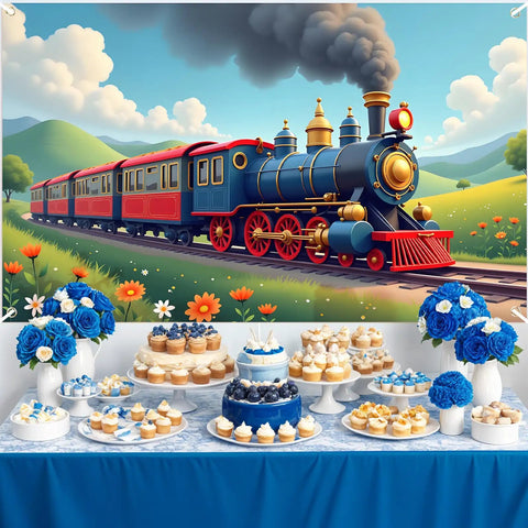 Epic Train Party Backdrop Banner Locomotive Theme Steam Train Decoration for Birthday Party Supplies Transportation Steampunk Background Tapestry for Kids Bedroom Dorm Living Room featuring a colorful locomotive and dessert table set against a scenic landscape.