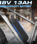 Beast 1000W Peak Electric Mountain Bike for Adults With 48V 13Ah battery attached to frame, close-up view
