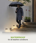 Man with umbrella on wet stairs lit by Hardwired Recessed Stair Step Light Kit For Indoor Outdoor Use 3CCT (3000K-5000K) Motion Sensor Waterproof ETL Listed 3W 120LM Black Finish 4 Pack Ideal For Architectural Stairs And A Safe Soft Glow For Hallways