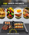 Aigostar 1200W Panini Press Sandwich Maker With Ceramic Non Stick Plates Opens 180 Degrees For Indoor Grilling, showing various foods.