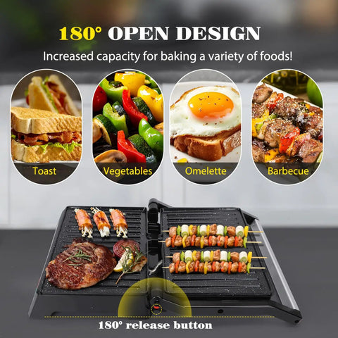 Aigostar 1200W Panini Press Sandwich Maker With Ceramic Non Stick Plates Opens 180 Degrees For Indoor Grilling, showing various foods.