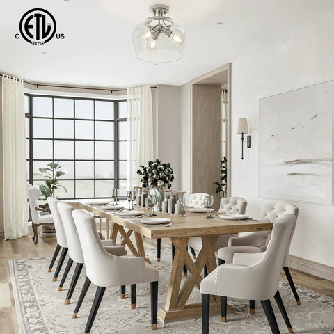 Dining room with Modern Ceiling Light Fixture With Clear Glass Shade Three Light Brushed Nickel Semi Flush Mount