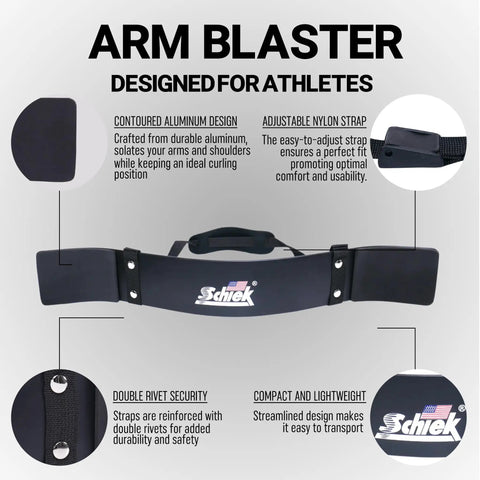 Arm Blaster For Biceps Lightweight Durable And Ready For Intense Curl Sessions Anywhere with contoured aluminum design and nylon strap.